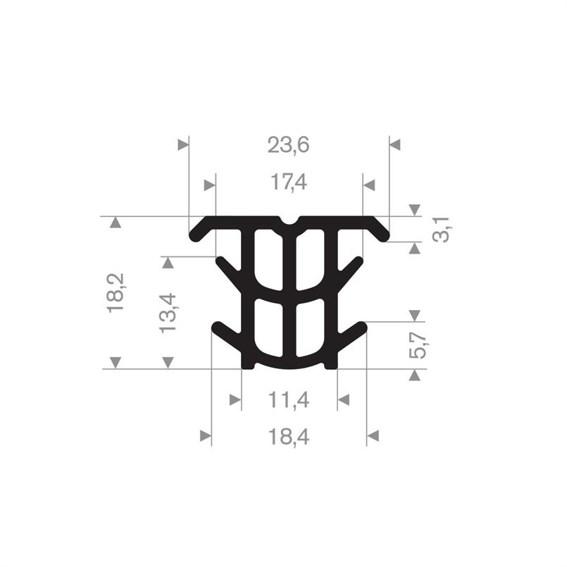 Rubber T-profiel 23,6x18,2 mm